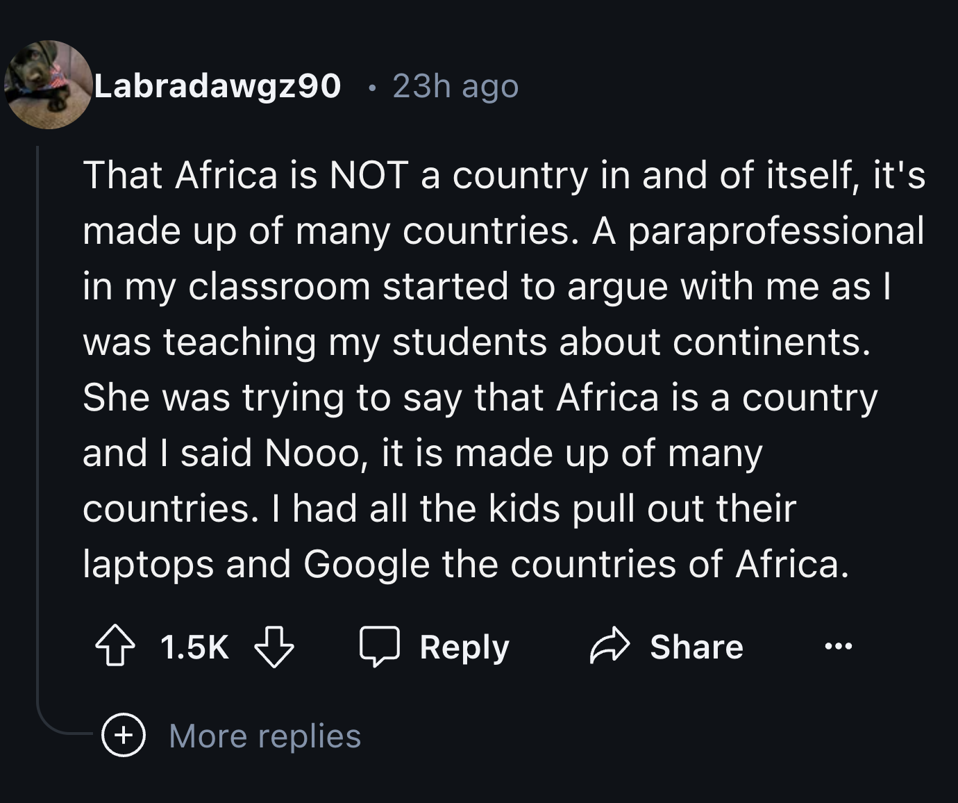 screenshot - Labradawgz90 23h ago That Africa is Not a country in and of itself, it's made up of many countries. A paraprofessional in my classroom started to argue with me as I was teaching my students about continents. She was trying to say that Africa 